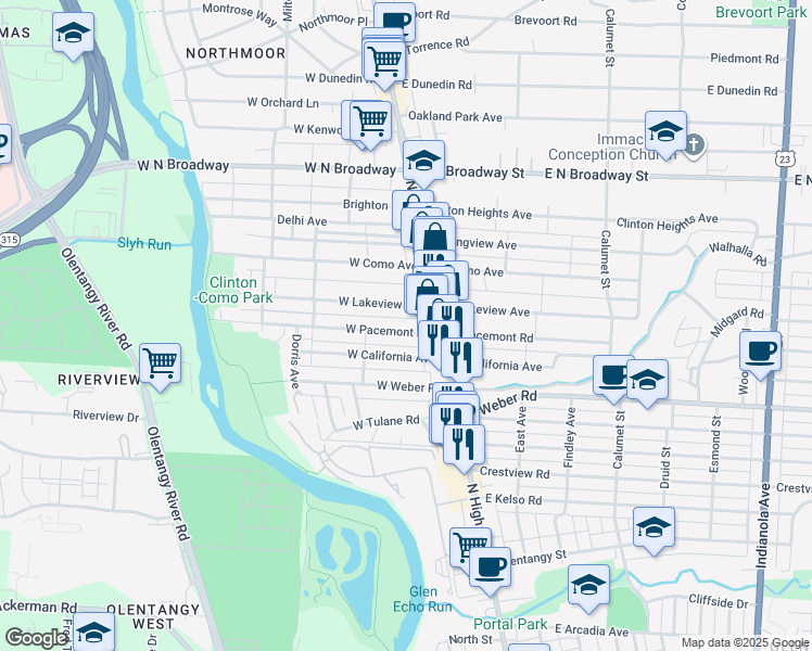 map of restaurants, bars, coffee shops, grocery stores, and more near 44 West Lakeview Avenue in Columbus