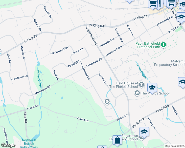 map of restaurants, bars, coffee shops, grocery stores, and more near 22 Salisbury Lane in Malvern