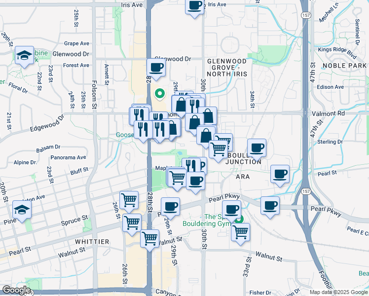 map of restaurants, bars, coffee shops, grocery stores, and more near 2700 29th Street in Boulder