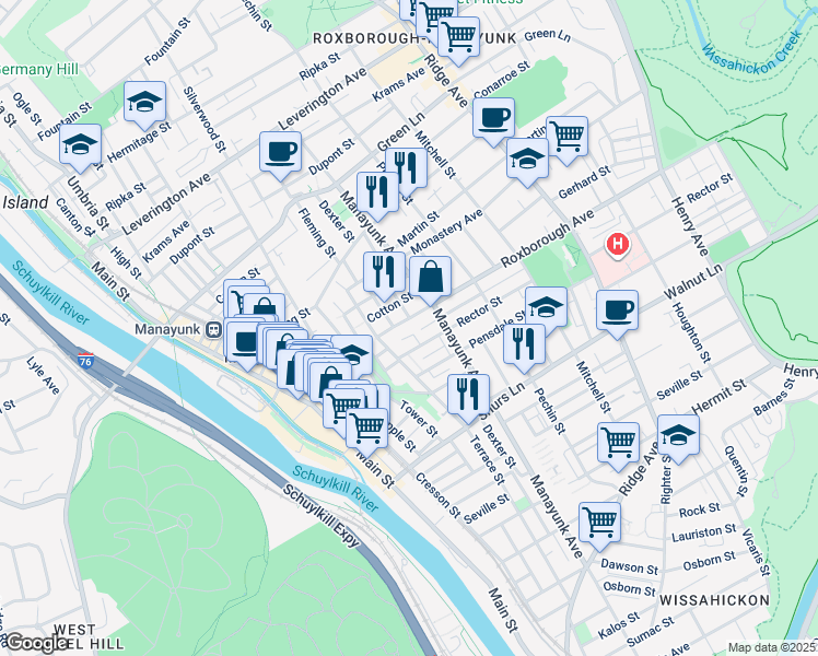 map of restaurants, bars, coffee shops, grocery stores, and more near 237 Roxborough Avenue in Philadelphia