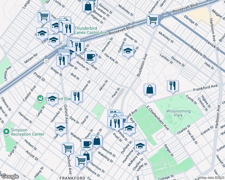 map of restaurants, bars, coffee shops, grocery stores, and more near 1374 Anchor Street in Philadelphia