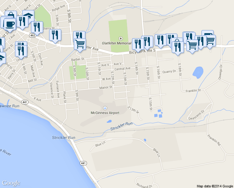 map of restaurants, bars, coffee shops, grocery stores, and more near 733 South 12th Street in Columbia