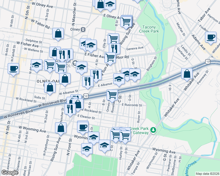 map of restaurants, bars, coffee shops, grocery stores, and more near 329 East Albanus Street in Philadelphia