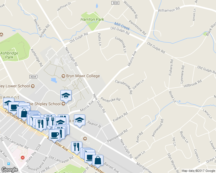 map of restaurants, bars, coffee shops, grocery stores, and more near 222 Ladbroke Road in Bryn Mawr