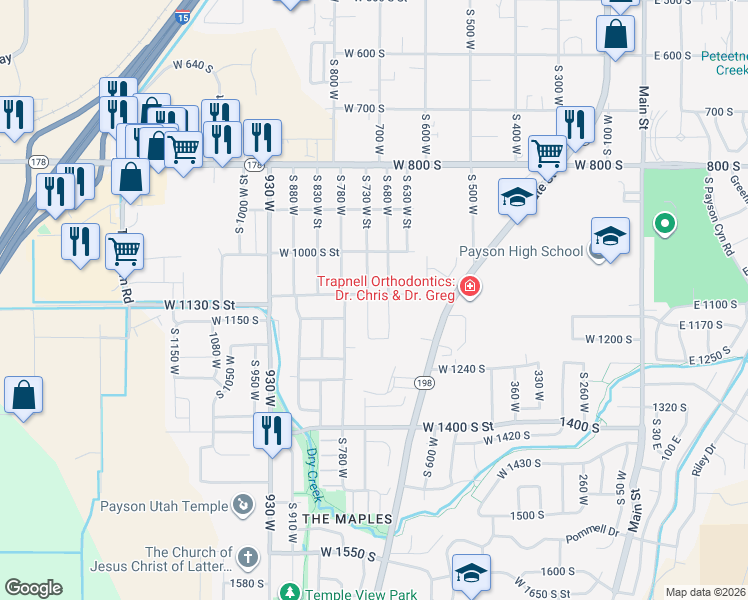 map of restaurants, bars, coffee shops, grocery stores, and more near 1077 South 730 West Street in Payson