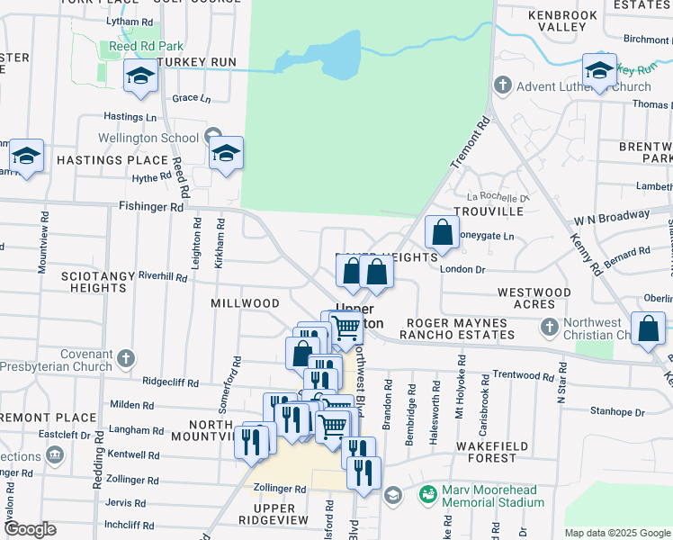 map of restaurants, bars, coffee shops, grocery stores, and more near 3447 Sunningdale Way in Columbus