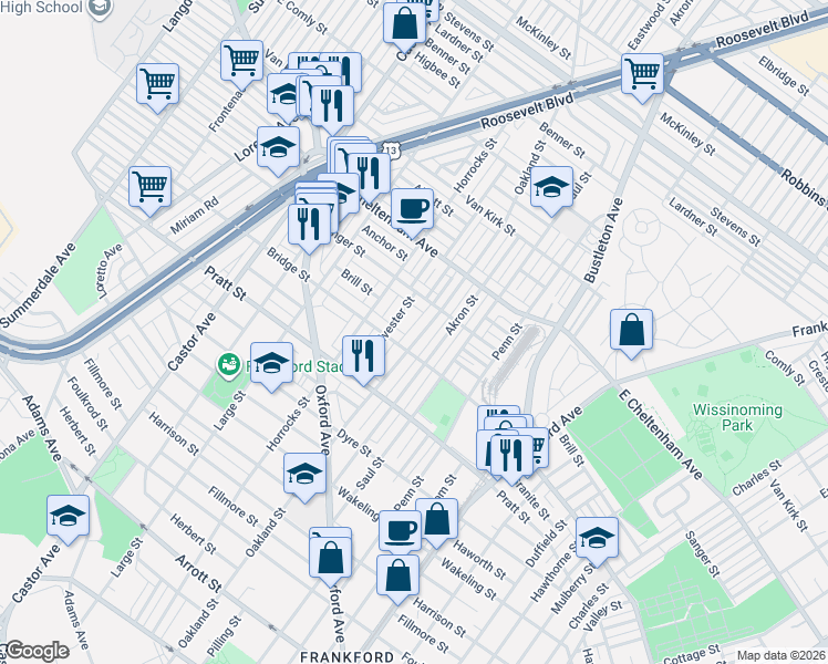 map of restaurants, bars, coffee shops, grocery stores, and more near 5347 Sylvester Street in Philadelphia