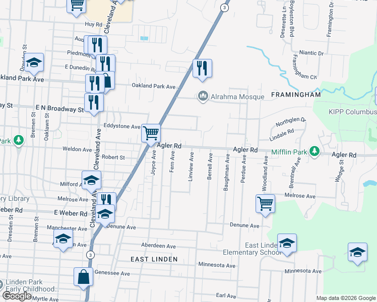 map of restaurants, bars, coffee shops, grocery stores, and more near 2865 Linview Avenue in Columbus