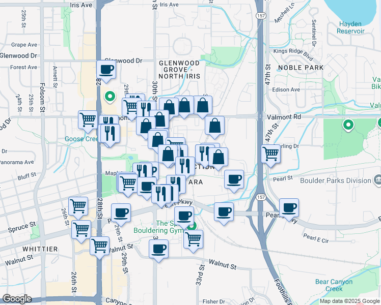 map of restaurants, bars, coffee shops, grocery stores, and more near 3303 Bluff Street in Boulder