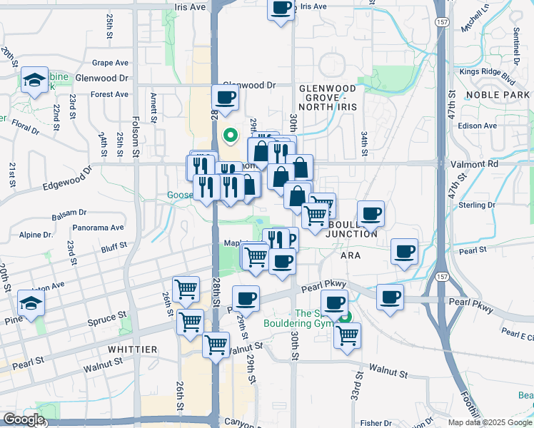 map of restaurants, bars, coffee shops, grocery stores, and more near 2700 29th Street in Boulder