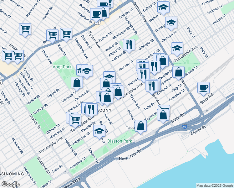 map of restaurants, bars, coffee shops, grocery stores, and more near 6946 Marsden Street in Philadelphia