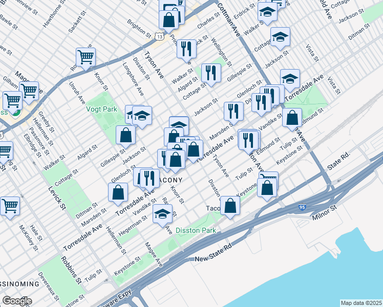 map of restaurants, bars, coffee shops, grocery stores, and more near 6946 Marsden Street in Philadelphia