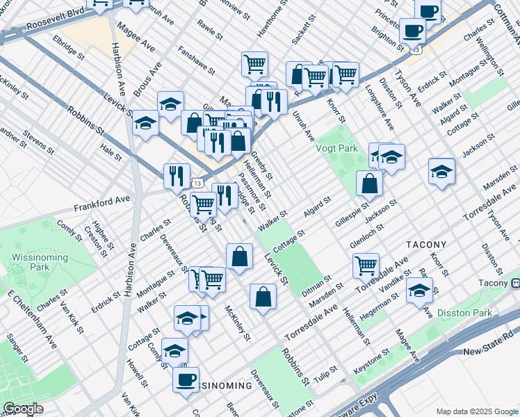 map of restaurants, bars, coffee shops, grocery stores, and more near 4142 Passmore Street in Philadelphia