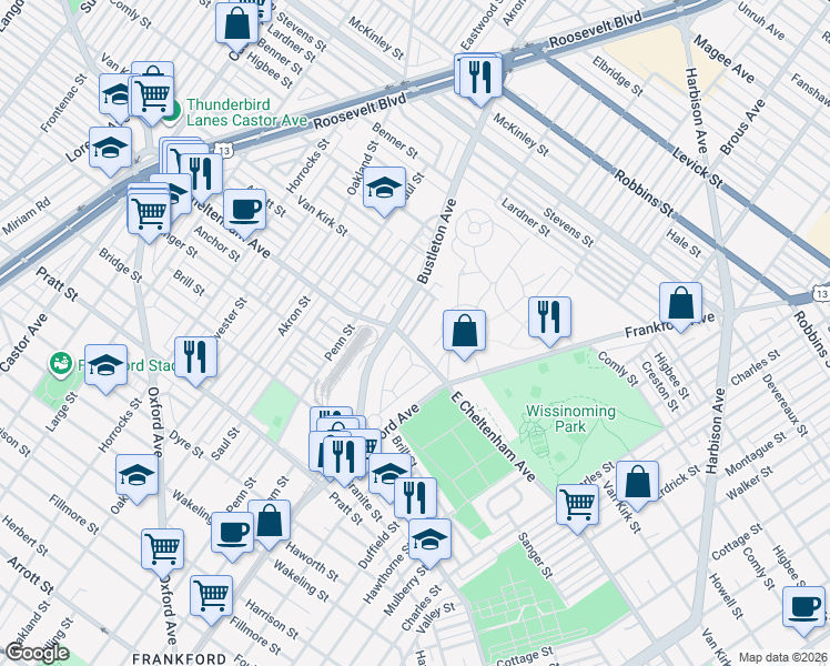 map of restaurants, bars, coffee shops, grocery stores, and more near 5819 Bustleton Avenue in Philadelphia
