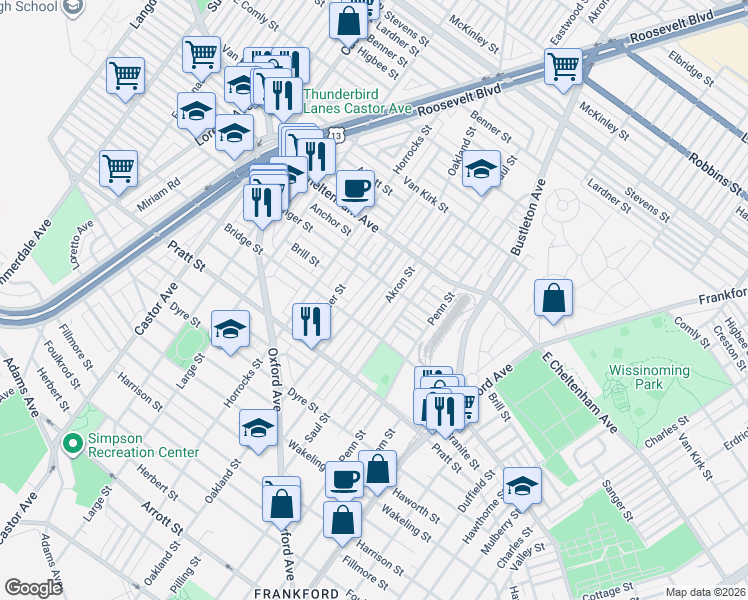map of restaurants, bars, coffee shops, grocery stores, and more near 5347 Sylvester Street in Philadelphia