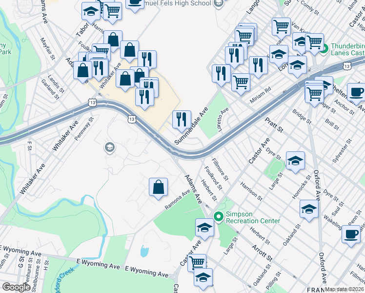 map of restaurants, bars, coffee shops, grocery stores, and more near 4800 Fillmore Terrace in Philadelphia