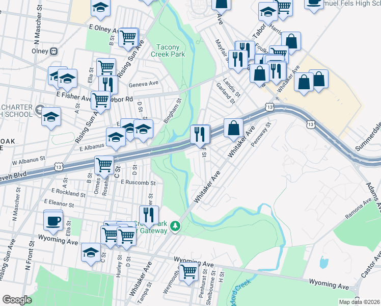 map of restaurants, bars, coffee shops, grocery stores, and more near 3951 Roosevelt Boulevard in Philadelphia