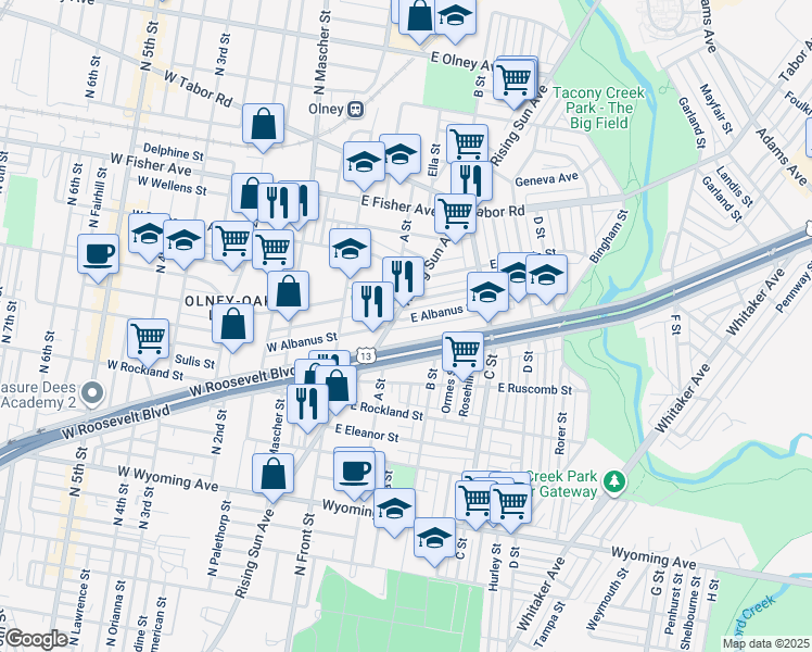 map of restaurants, bars, coffee shops, grocery stores, and more near 218 East Sheldon Street in Philadelphia