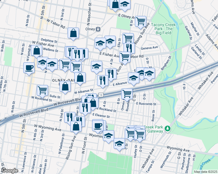 map of restaurants, bars, coffee shops, grocery stores, and more near 4986 Rising Sun Avenue in Philadelphia