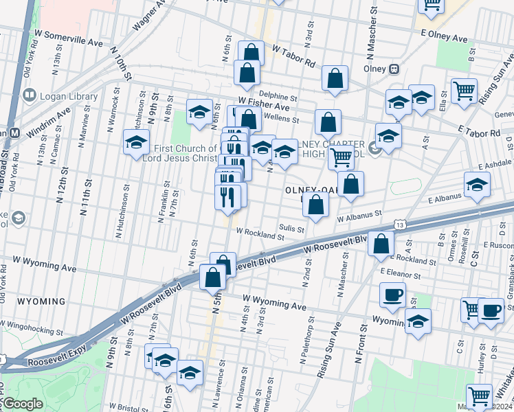 map of restaurants, bars, coffee shops, grocery stores, and more near 5015 North 4th Street in Philadelphia