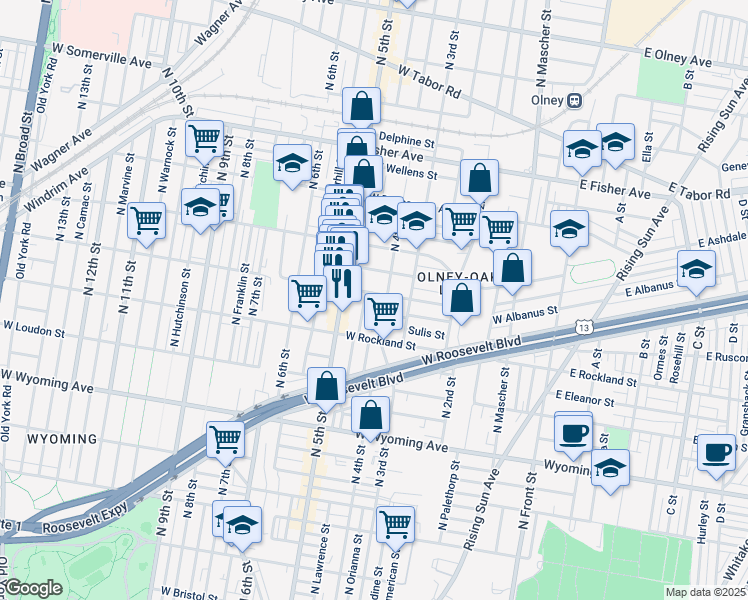 map of restaurants, bars, coffee shops, grocery stores, and more near 412 West Ruscomb Street in Philadelphia