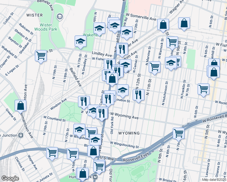 map of restaurants, bars, coffee shops, grocery stores, and more near 1360 West Rockland Street in Philadelphia