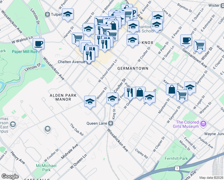 map of restaurants, bars, coffee shops, grocery stores, and more near 314 Earlham Terrace in Philadelphia