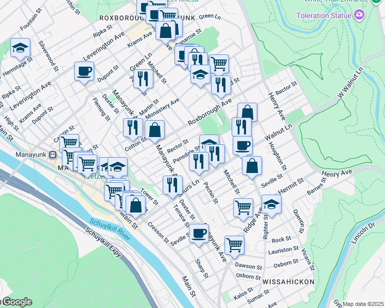 map of restaurants, bars, coffee shops, grocery stores, and more near 4200 Mitchell Street in Philadelphia
