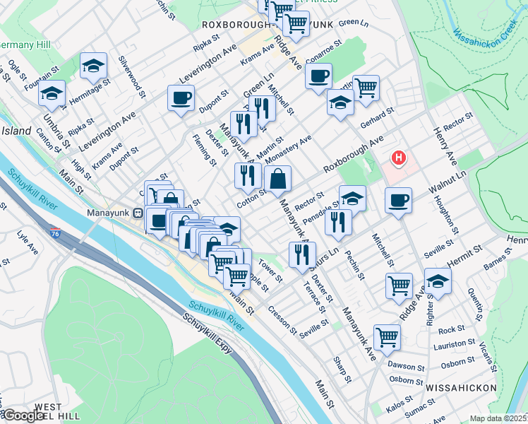 map of restaurants, bars, coffee shops, grocery stores, and more near 254 Roxborough Avenue in Philadelphia