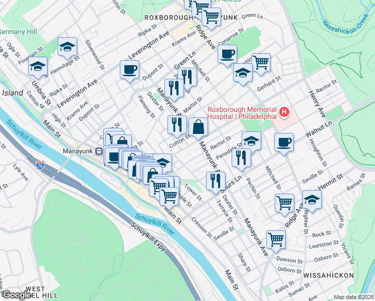 map of restaurants, bars, coffee shops, grocery stores, and more near 254 Roxborough Avenue in Philadelphia