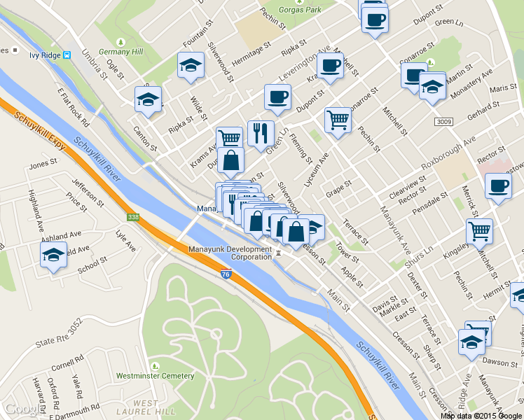 map of restaurants, bars, coffee shops, grocery stores, and more near 152 Gay Street in Philadelphia