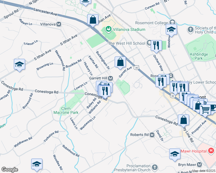 map of restaurants, bars, coffee shops, grocery stores, and more near 114C Garrett Avenue in Bryn Mawr