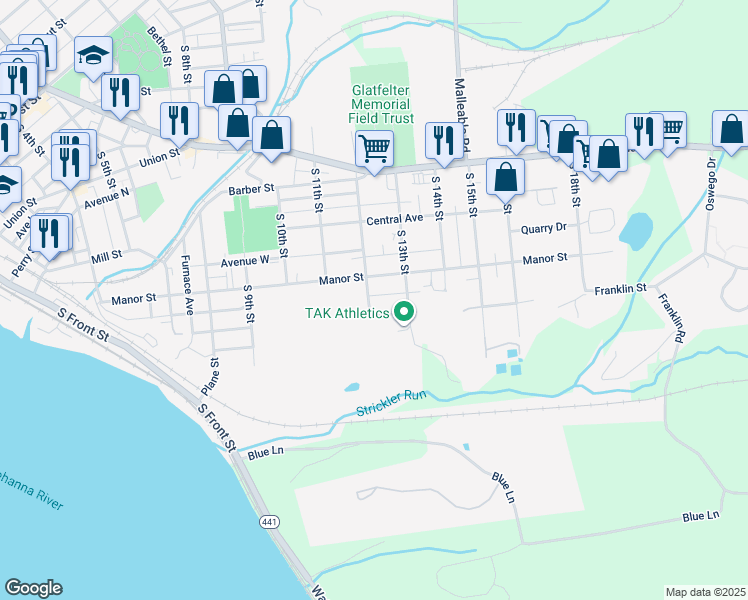 map of restaurants, bars, coffee shops, grocery stores, and more near 733 South 12th Street in Columbia