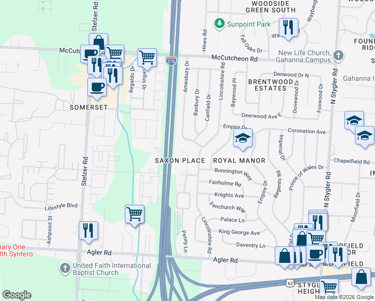 map of restaurants, bars, coffee shops, grocery stores, and more near 327 Amesbury Drive in Columbus