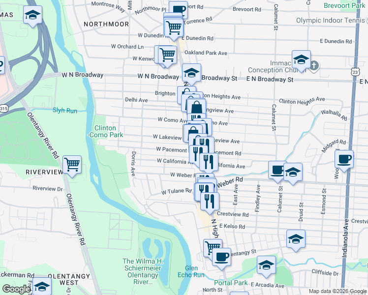 map of restaurants, bars, coffee shops, grocery stores, and more near 44 West Lakeview Avenue in Columbus