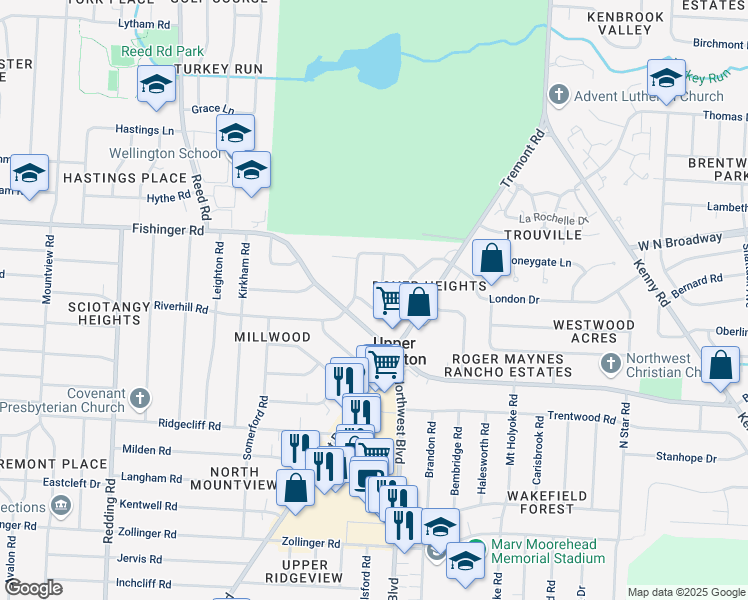 map of restaurants, bars, coffee shops, grocery stores, and more near 3447 Sunningdale Way in Columbus
