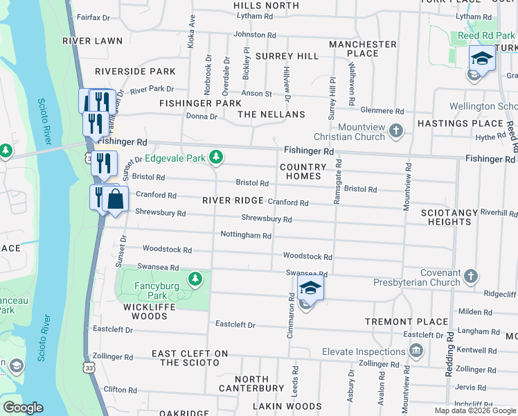 map of restaurants, bars, coffee shops, grocery stores, and more near 2502 Cranford Road in Columbus
