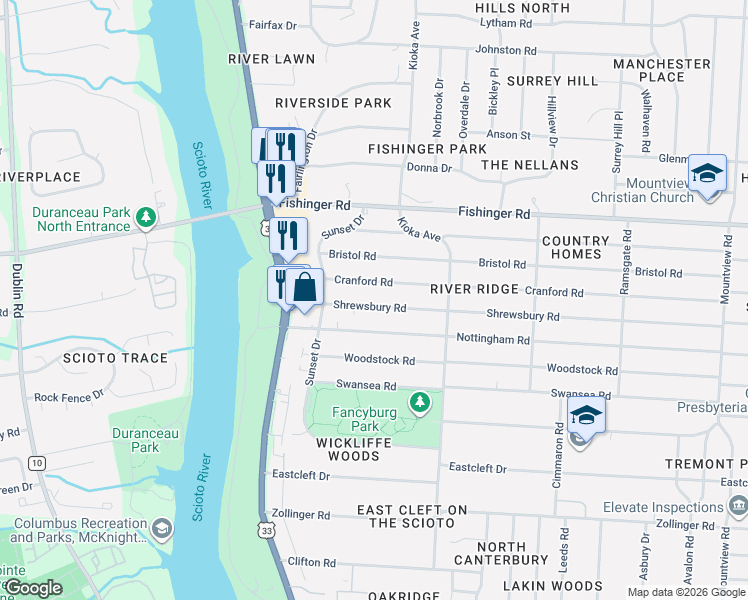 map of restaurants, bars, coffee shops, grocery stores, and more near 2731 Cranford Road in Columbus