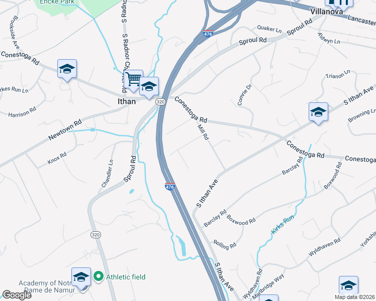 map of restaurants, bars, coffee shops, grocery stores, and more near 209 Tower Road in Villanova
