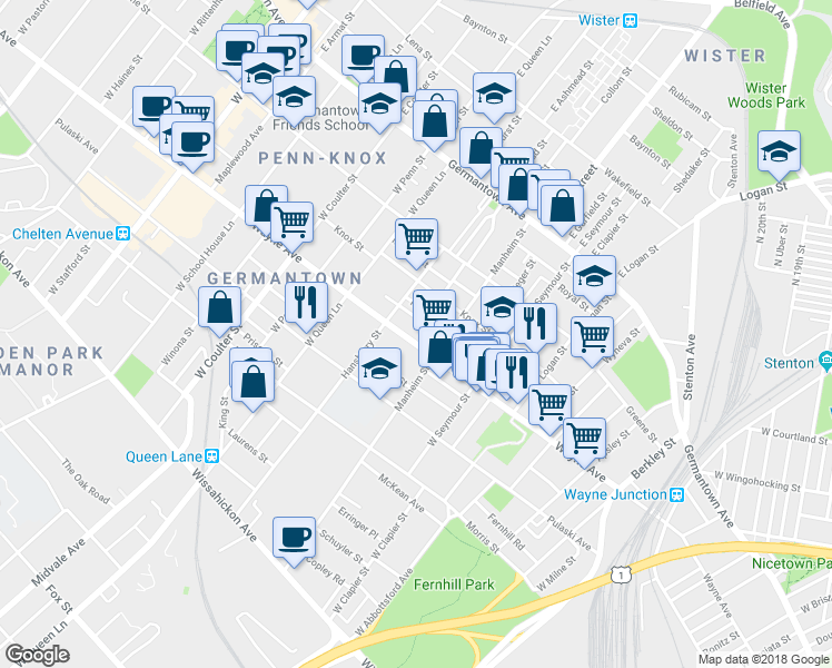 map of restaurants, bars, coffee shops, grocery stores, and more near 5121 Wayne Avenue in Philadelphia