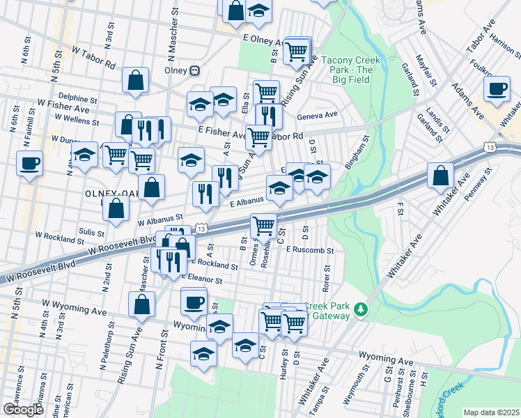 map of restaurants, bars, coffee shops, grocery stores, and more near 327 Roosevelt Boulevard in Philadelphia