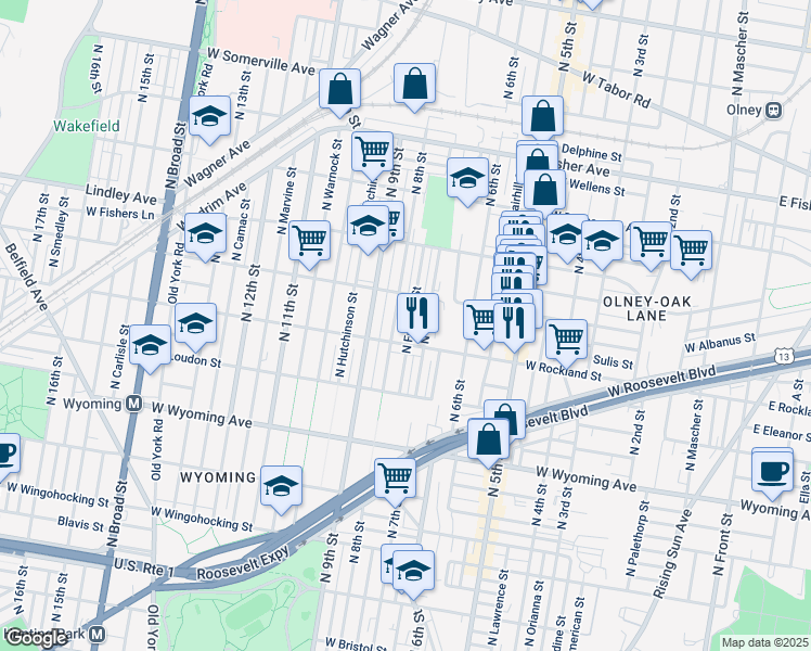 map of restaurants, bars, coffee shops, grocery stores, and more near 4922 North Franklin Street in Philadelphia