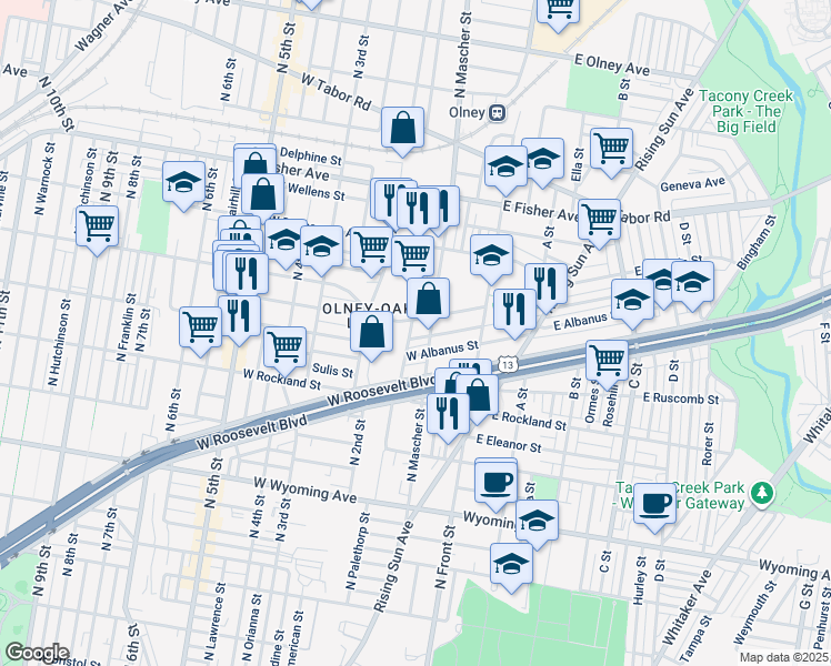 map of restaurants, bars, coffee shops, grocery stores, and more near 185 West Ruscomb Street in Philadelphia