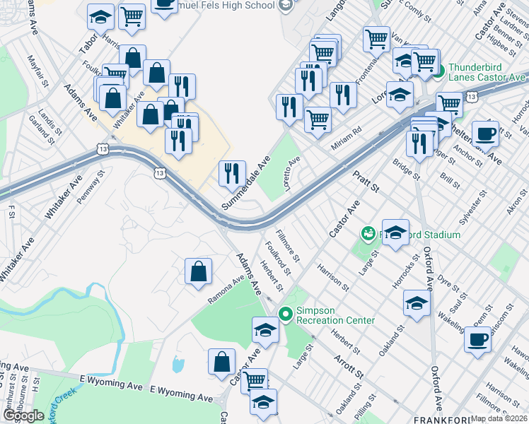 map of restaurants, bars, coffee shops, grocery stores, and more near 4830 Fillmore Terrace in Philadelphia