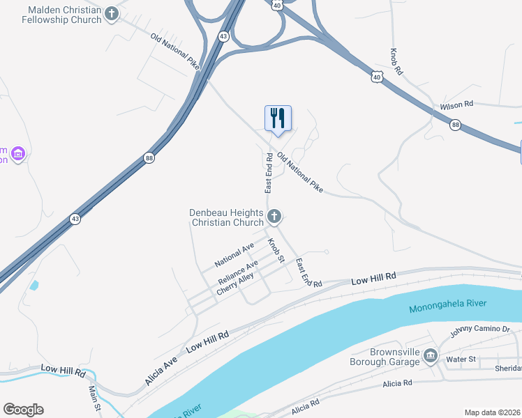 map of restaurants, bars, coffee shops, grocery stores, and more near 124 East End Road in Brownsville