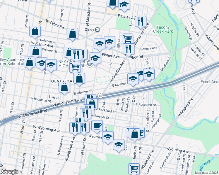 map of restaurants, bars, coffee shops, grocery stores, and more near 206 East Albanus Street in Philadelphia