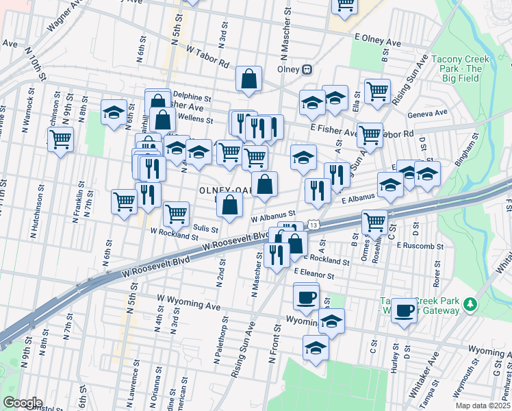 map of restaurants, bars, coffee shops, grocery stores, and more near 185 West Ruscomb Street in Philadelphia