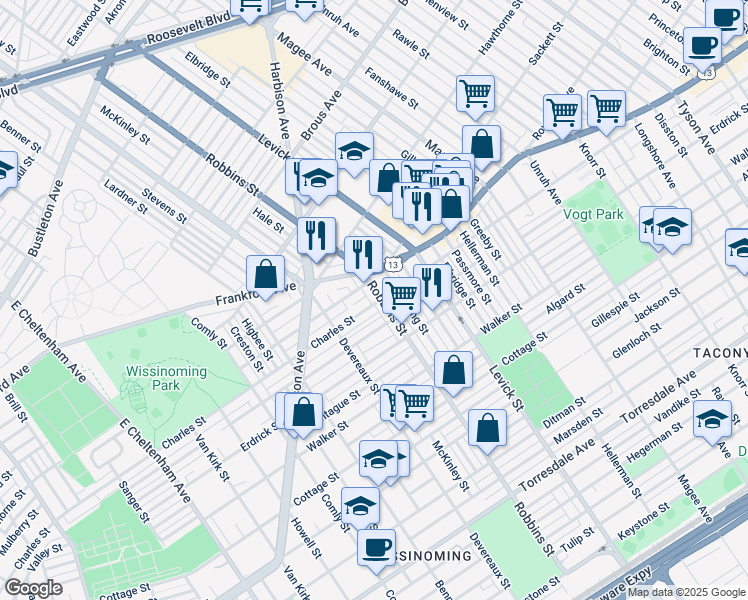 map of restaurants, bars, coffee shops, grocery stores, and more near 4032 Robbins Avenue in Philadelphia