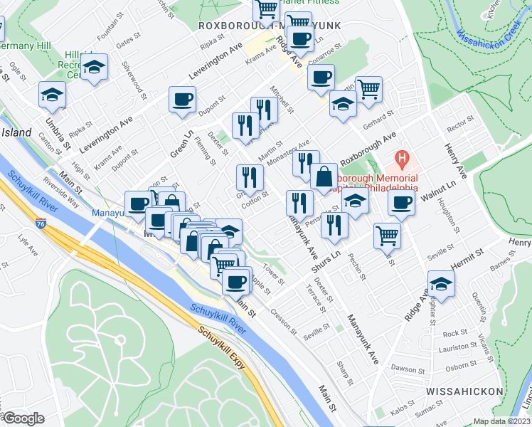 map of restaurants, bars, coffee shops, grocery stores, and more near 237 Roxborough Avenue in Philadelphia