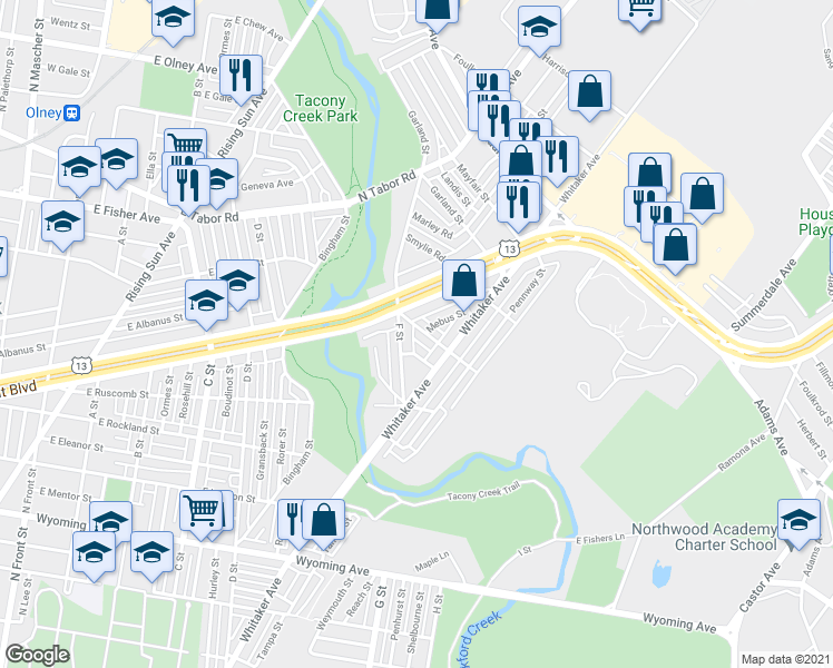 map of restaurants, bars, coffee shops, grocery stores, and more near 740 Herkness Street in Philadelphia